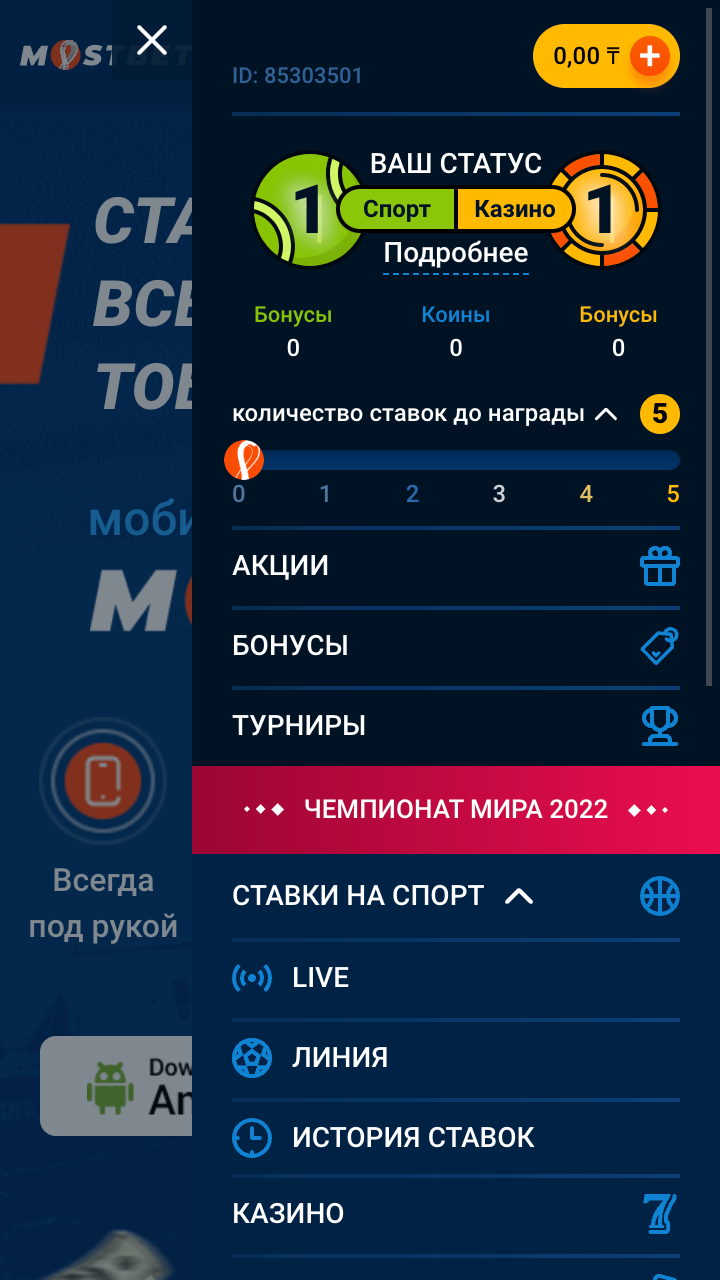  Меню в приложении Мостбет